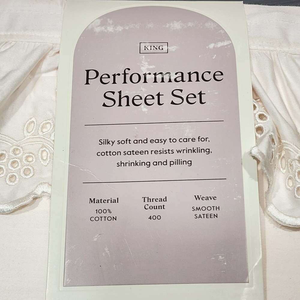 Threshold King Performance Sheet Set 400TC Cotton Sateen Eyelet Ruffle Ivory 4pc - Picture 3 of 8